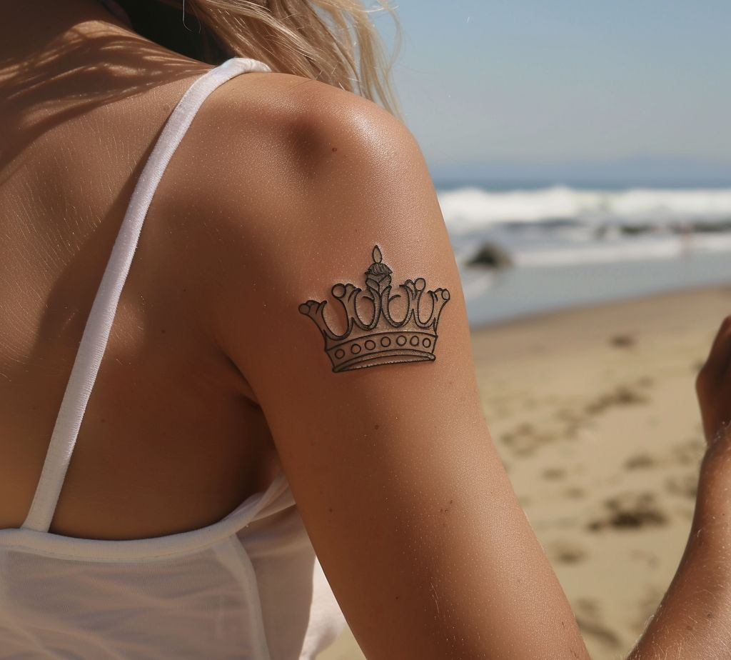 woman on the beach with a minimal crown tattoo on her upper arm