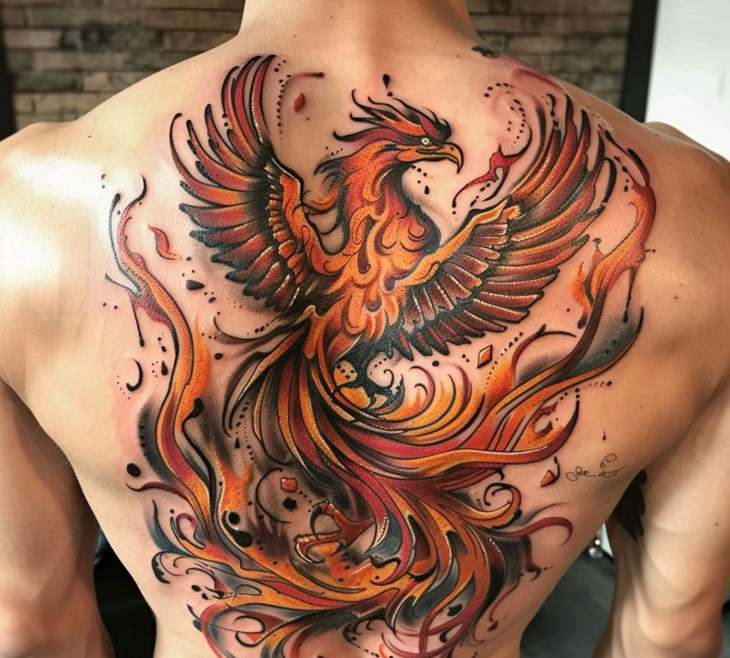 phoenix meaningful back tattoo for men 