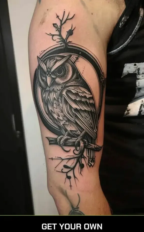 steampunk owl blackwork tattoo