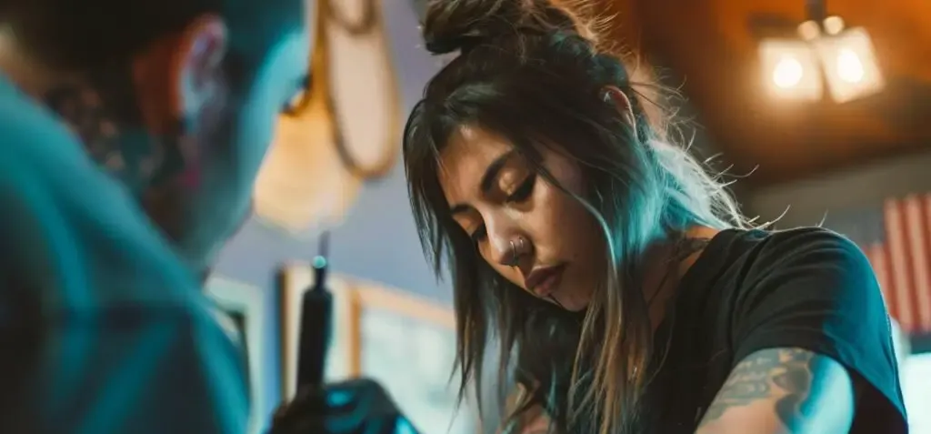 a  female tattoo artist touching up a client's tattoo