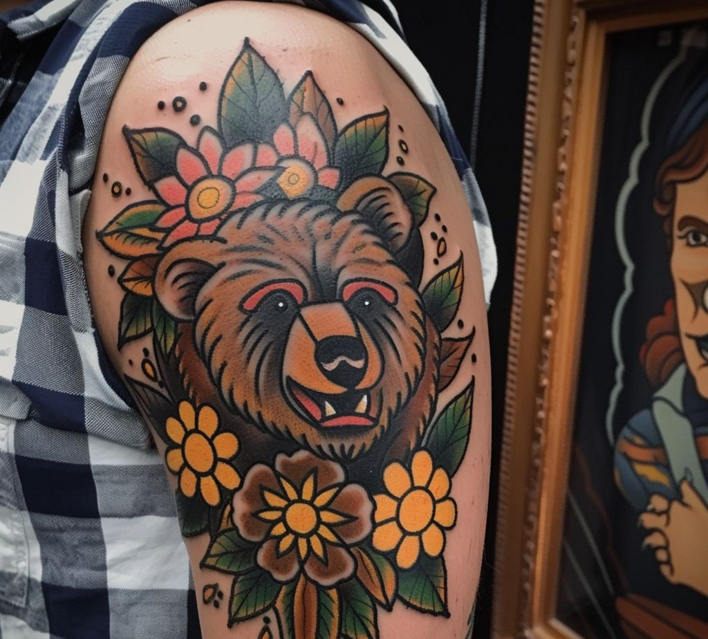 traditional bear tattoo on the upper arm