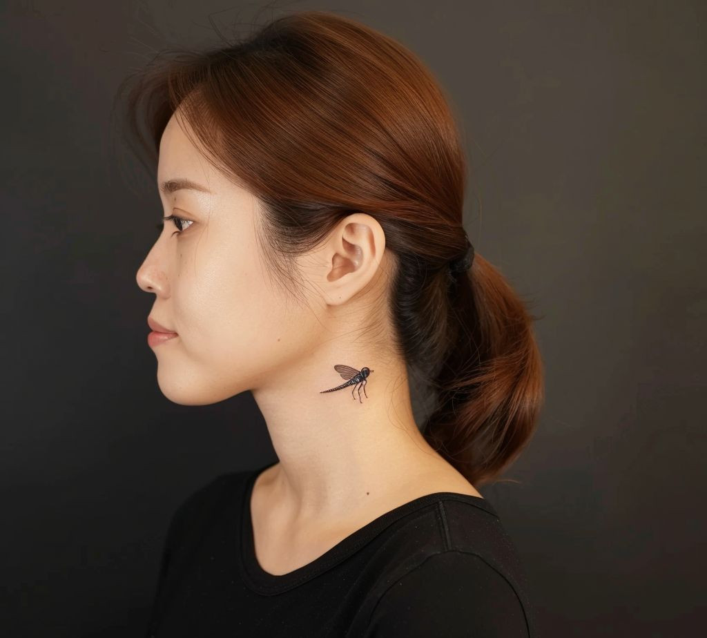 fly tattoo on the neck