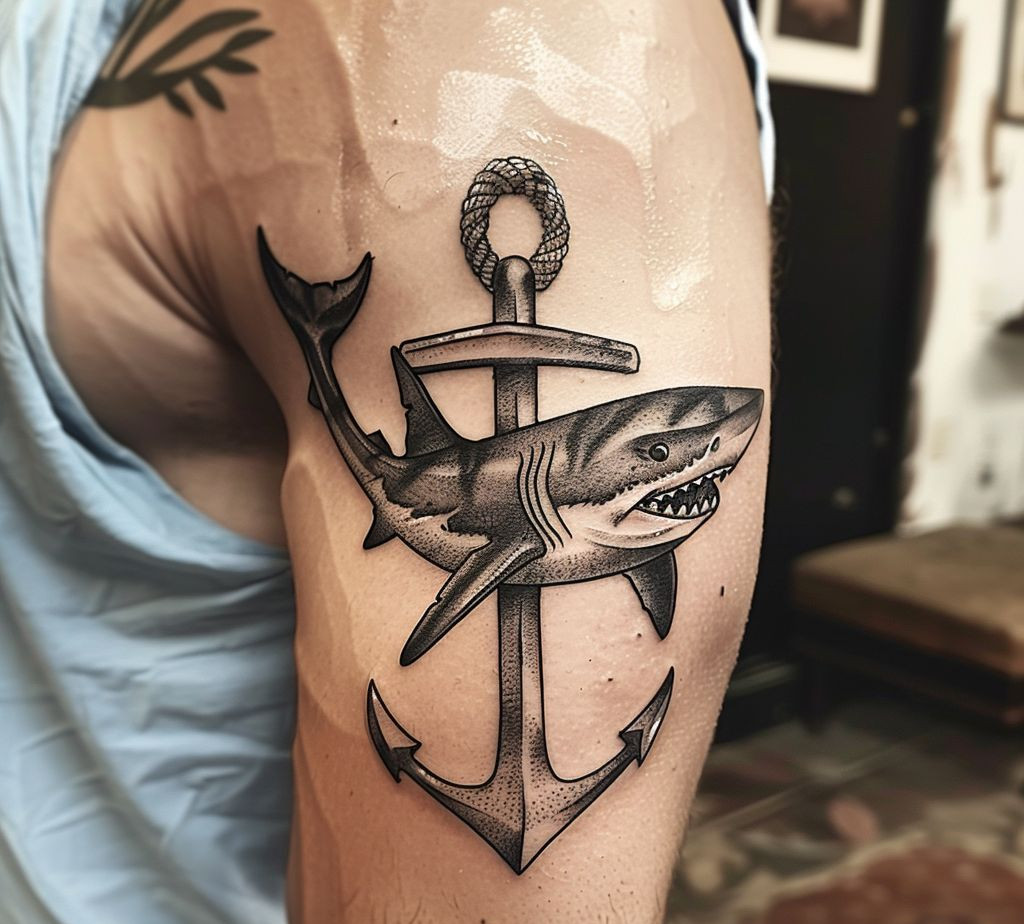 Shark and anchor tattoo on the upper arm