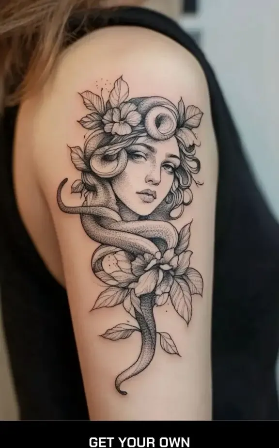 minimalist medusa and flower tattoo