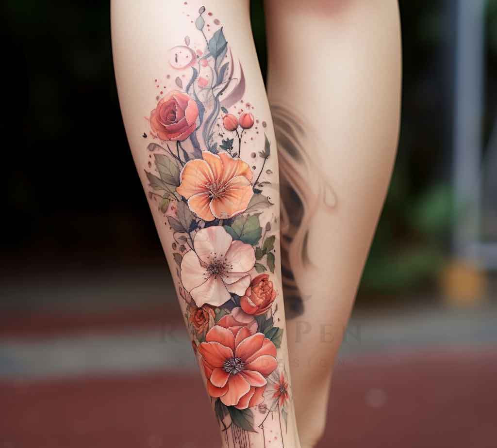 Floral women's leg tattoo