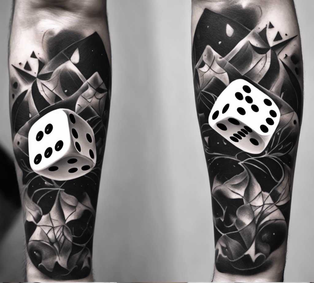 Black and white forearm tattoos. This one is titled roll of fate
