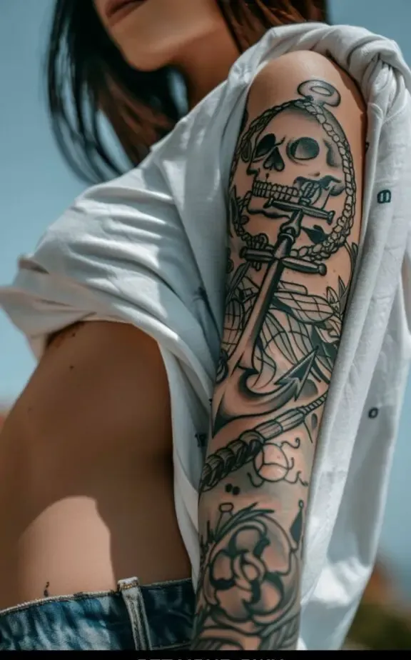 anchor and skull sleeve tattoo