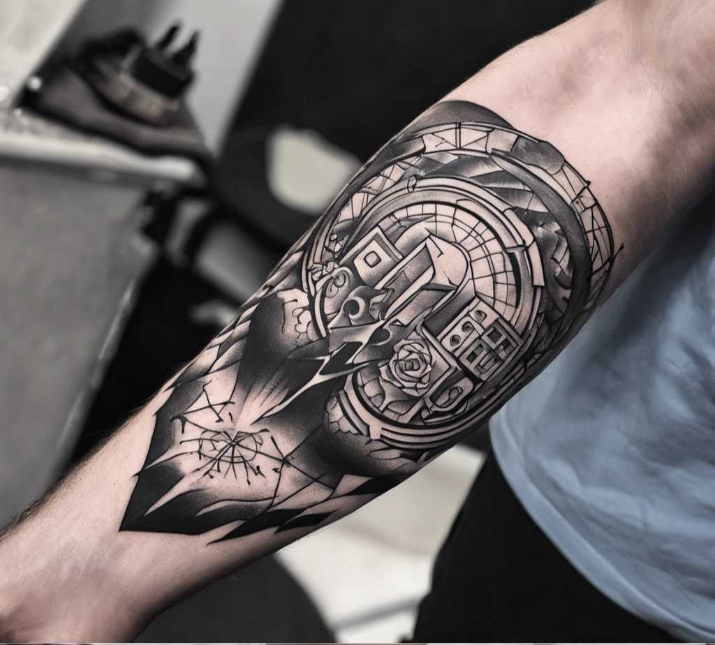 Black and white forearm tattoos titled navigating the cosmos