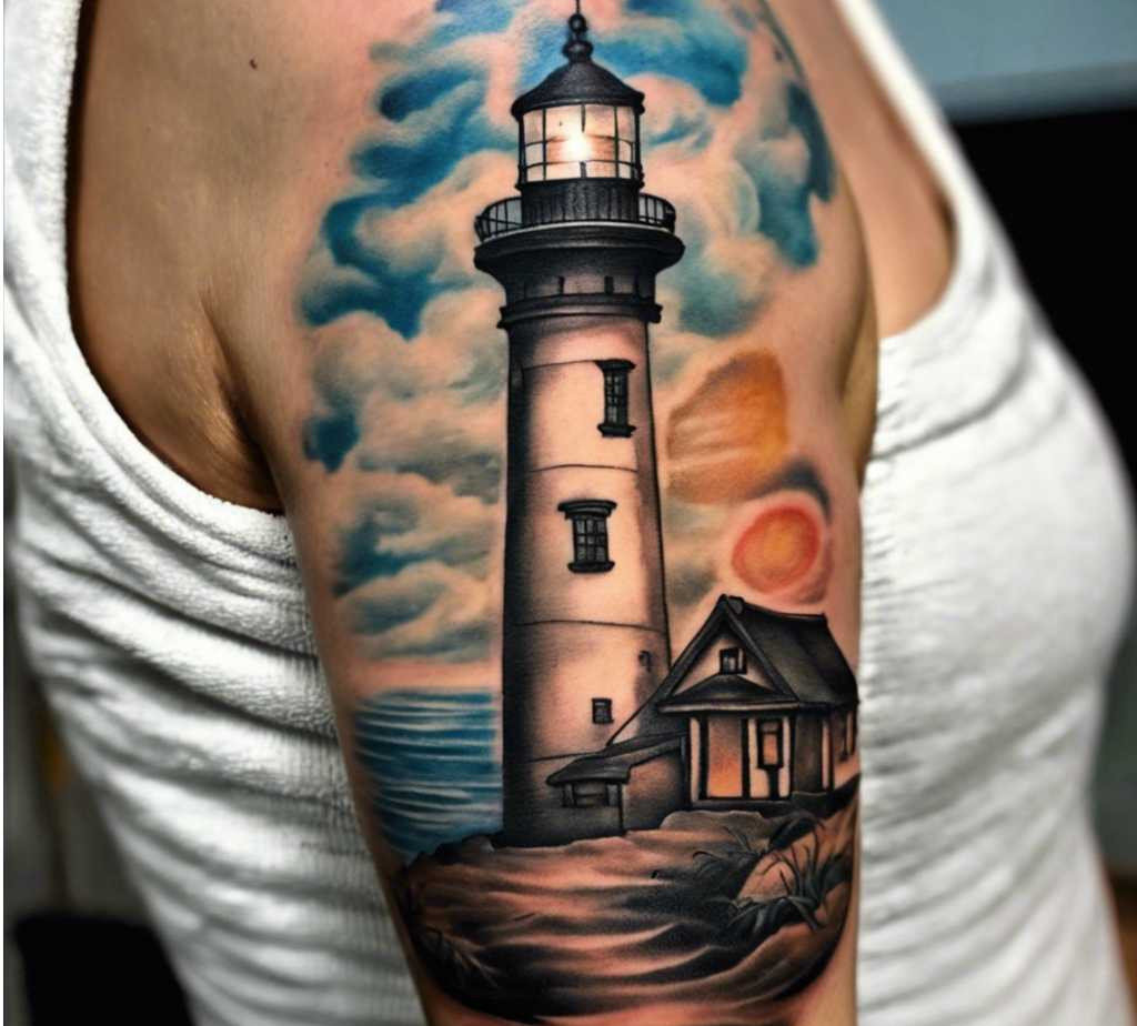 lighthouse shoulder tattoo with blue clouds