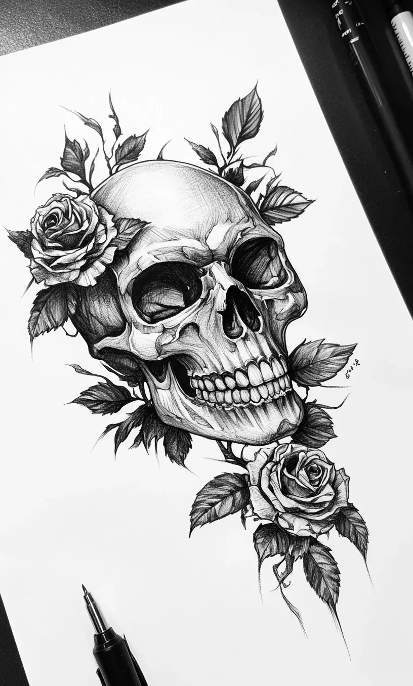 Skull Rose Tattoo Drawing-5