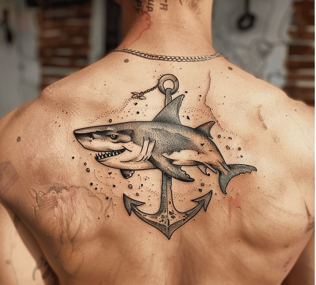 shark and anchor tattoo on the back