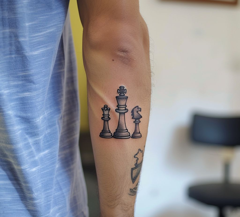 group chess piece small leg and thigh tattoo for guys