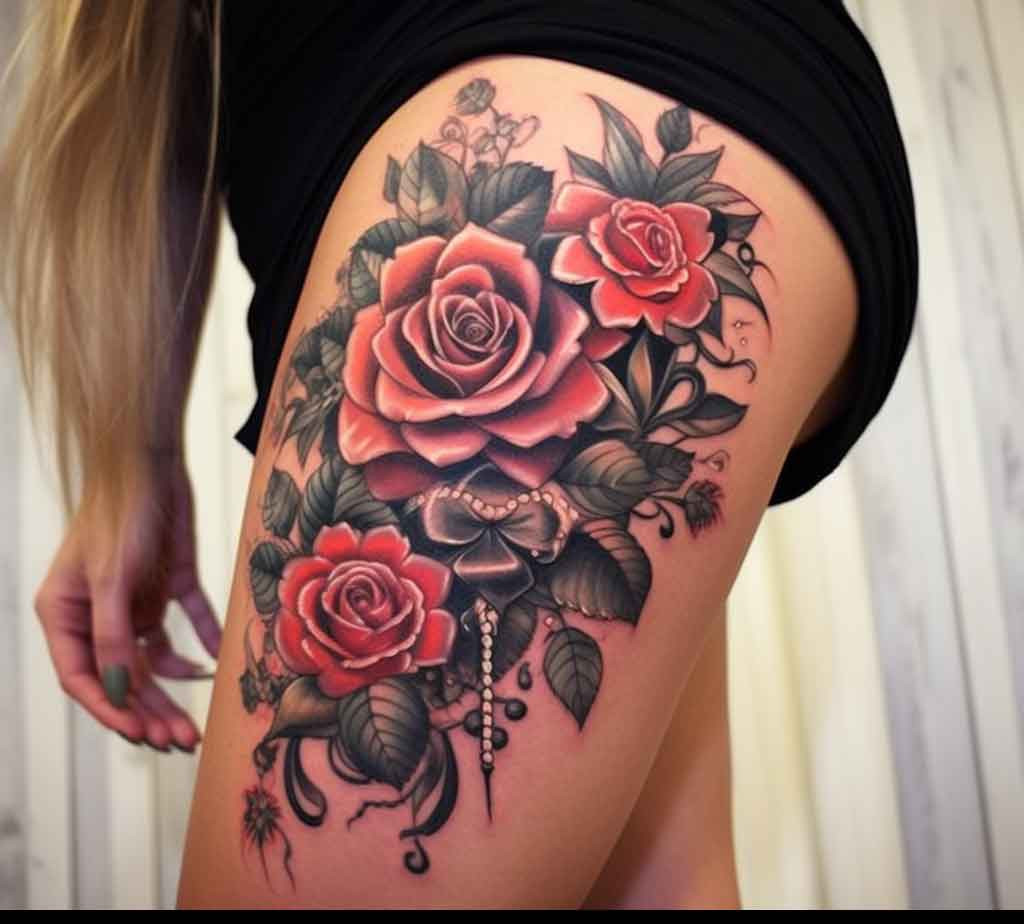 Women's rose thigh tattooo