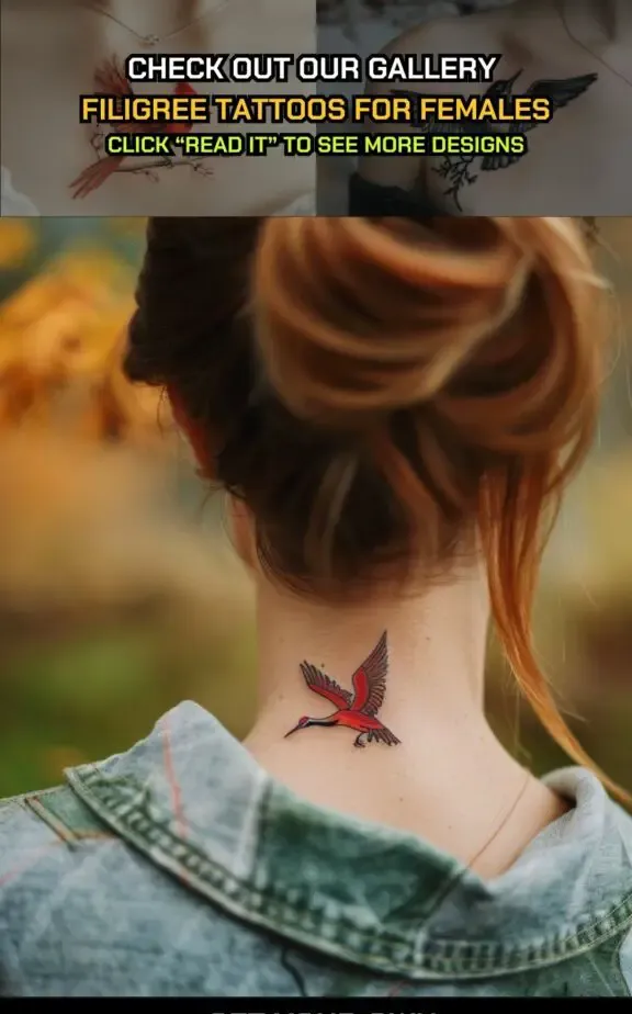 crane bird tattoo on neck female