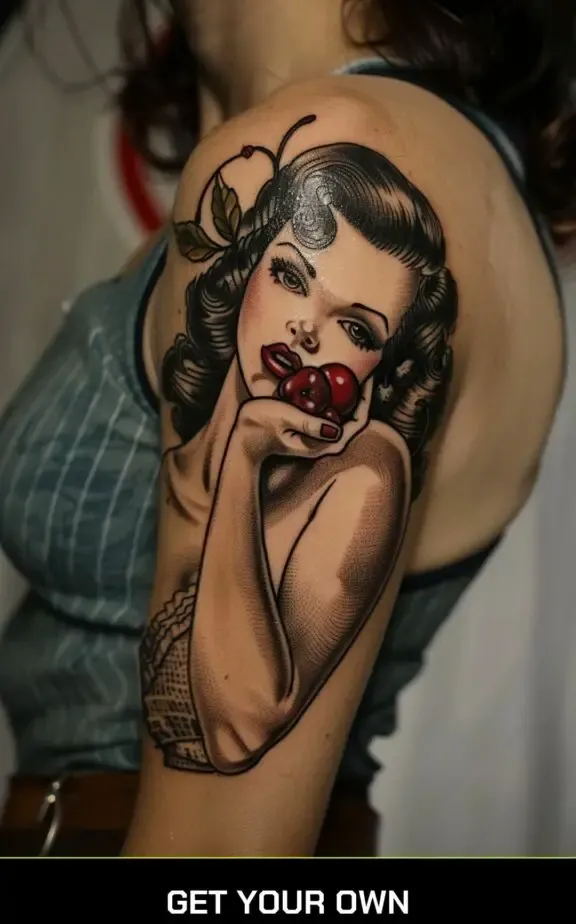 tattoo of a pin up girl eating cherry