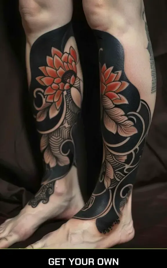 leg sleeve black work tattoo