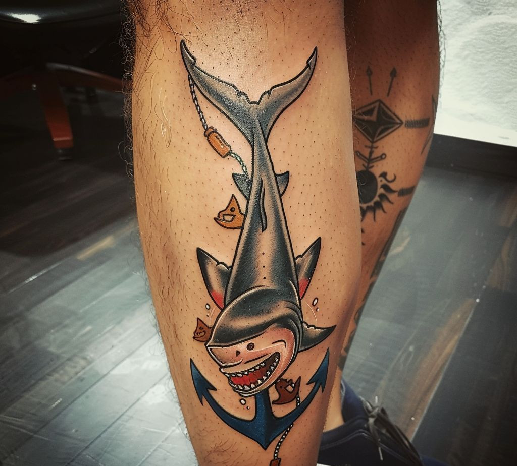 shark and anchor tattoo on the calf