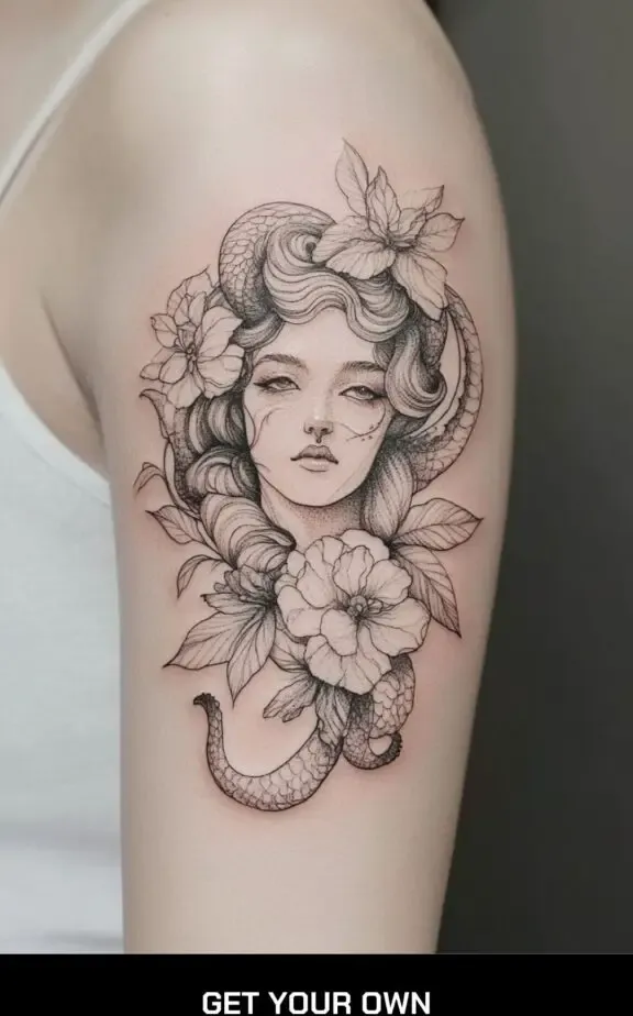 minimalist medusa and flower tattoo