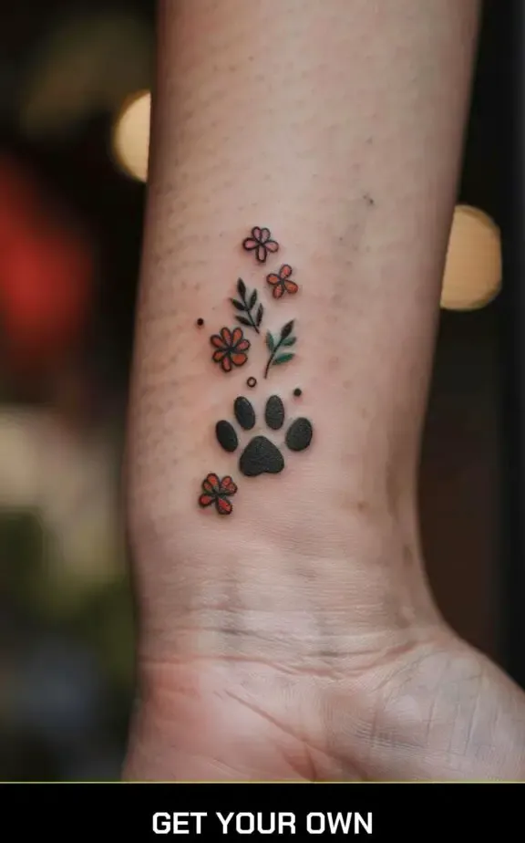 cat paw and flower tattoo