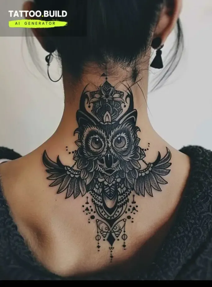 Owl Back Of Neck Tattoo