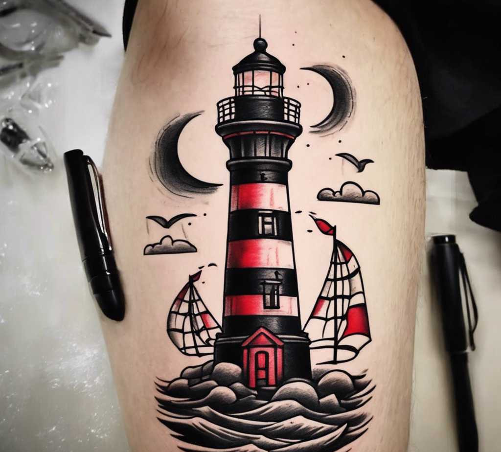 red and black Lighthouse tattoo on the calf