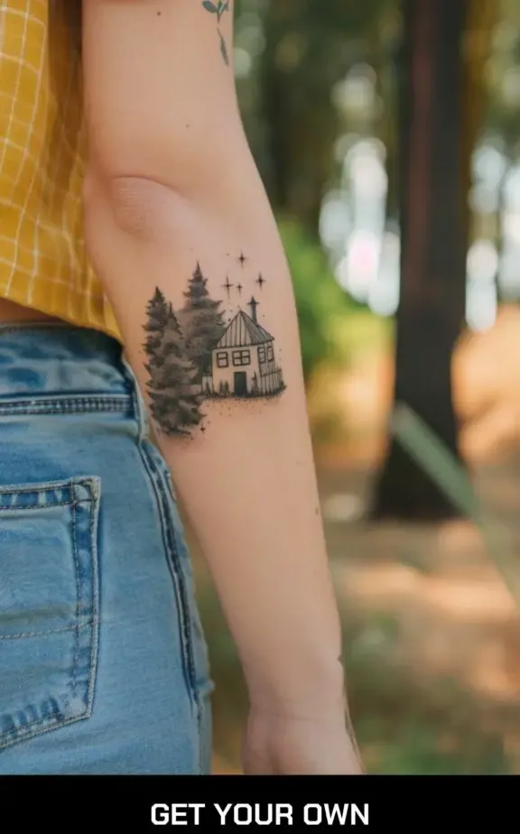 small beautiful tattoo idea for ladies: tree house tattoo