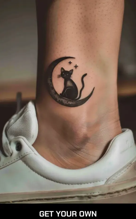 small beautiful tattoo idea for ladies: cat on a moon