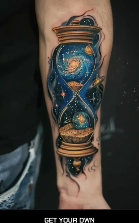 An hourglass tattoo with stars and galaxies inside it