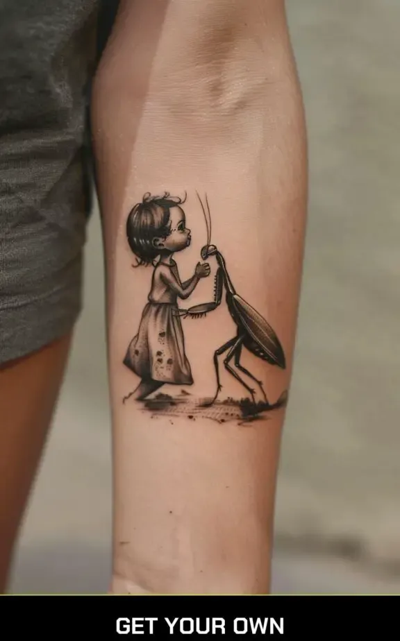praying mantis and little girl tattoo
