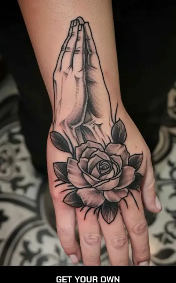 praying heart and flower tattoo