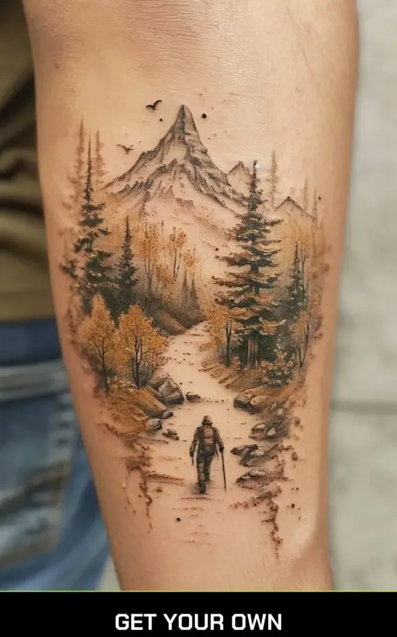 camping tattoo idea: mountain and forest tattoo
