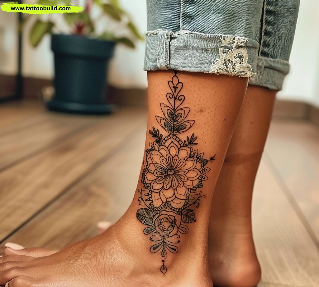 floral mandala ankle tattoo