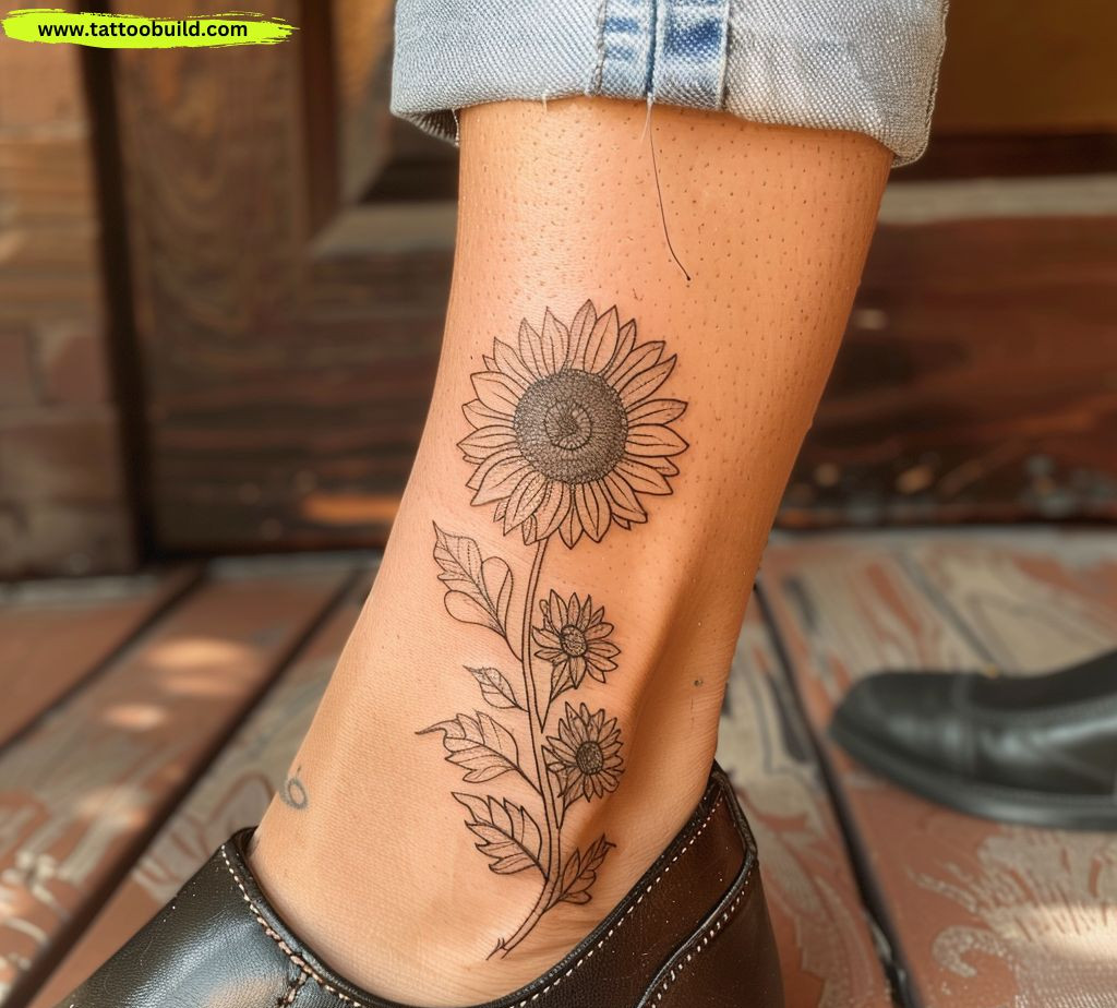sun flower fine line ankle tattoo