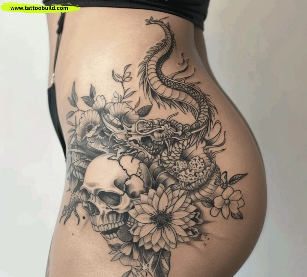 skull and dragon hip tattoo for women