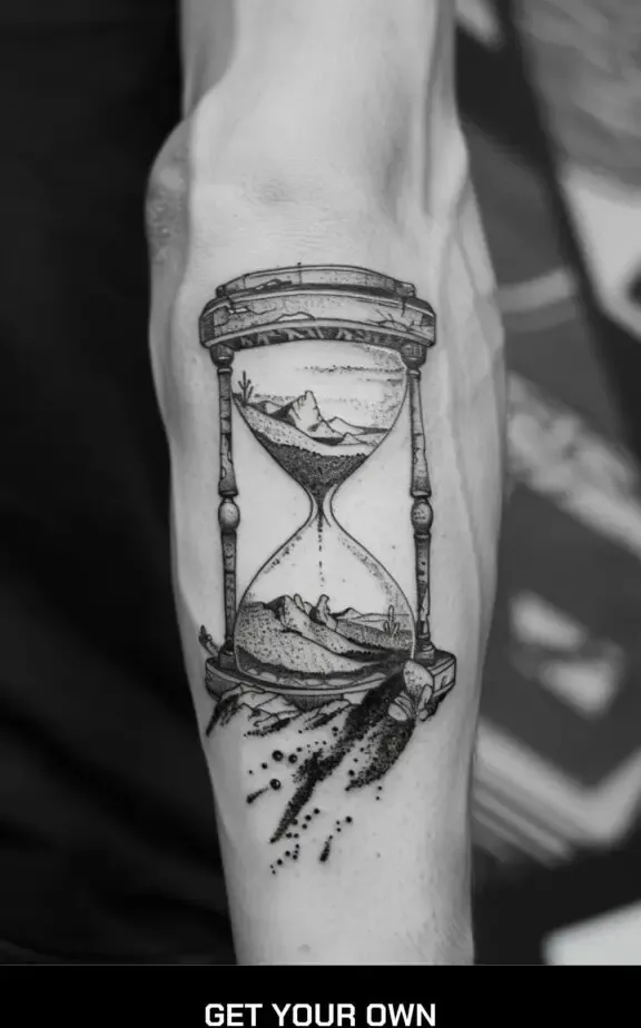 An hourglass with sand turning into a desert landscape.
