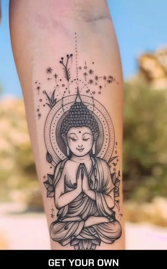 female buddha tattoo of a praying buddha