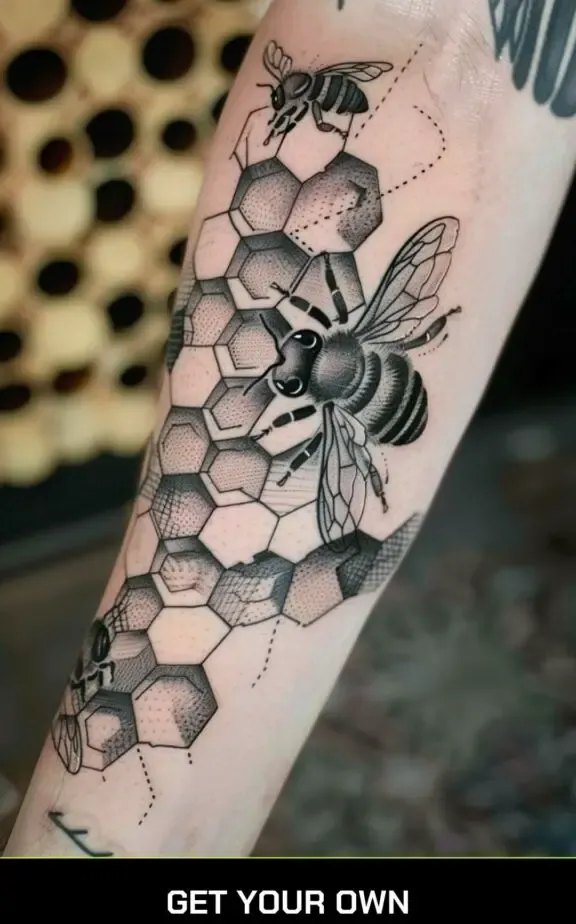 black and gray bee and honey come tattoo idea