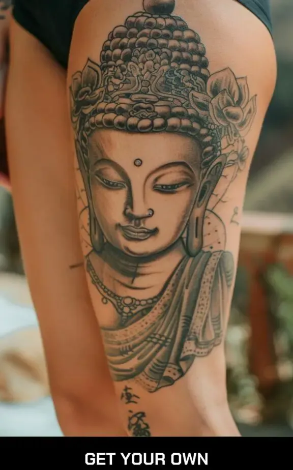 female buddha tattoo in gray wash style 