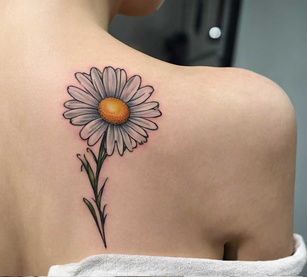 Daisy flower tattoo positioned on the back of a lady