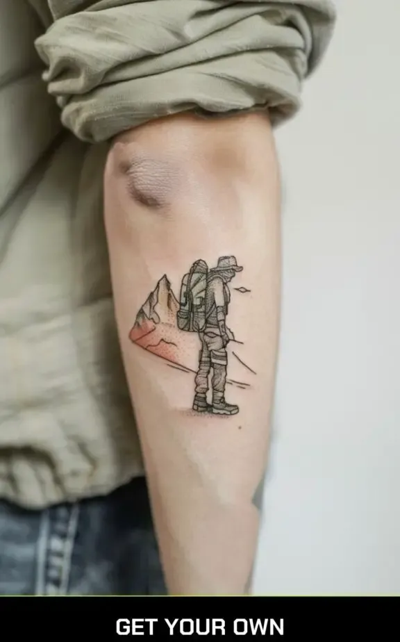 camping tattoo of a man with a bag pack going camping