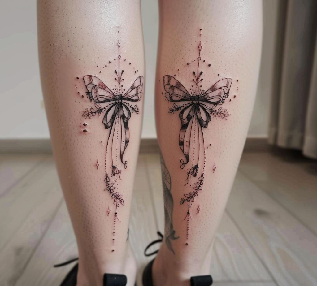 minimalist pink bow tattoo on the back of the leg