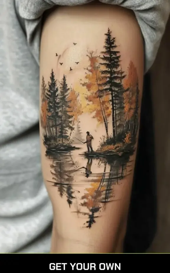a man fishing camping tattoo idea