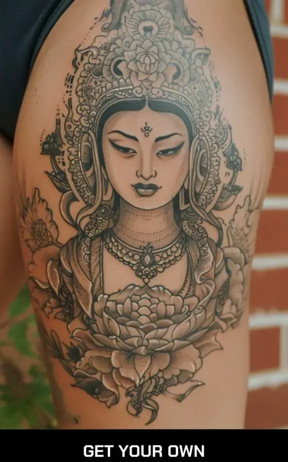 female buddha tattoo in gray wash style 