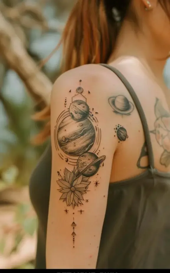 celestial bodies bicep tattoos for females 