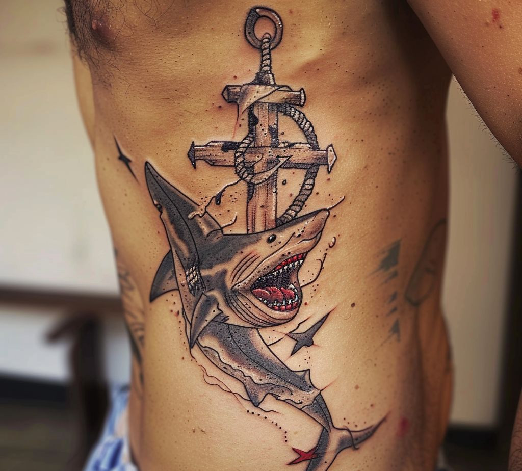 shark and anchor tattoo on the ribcage